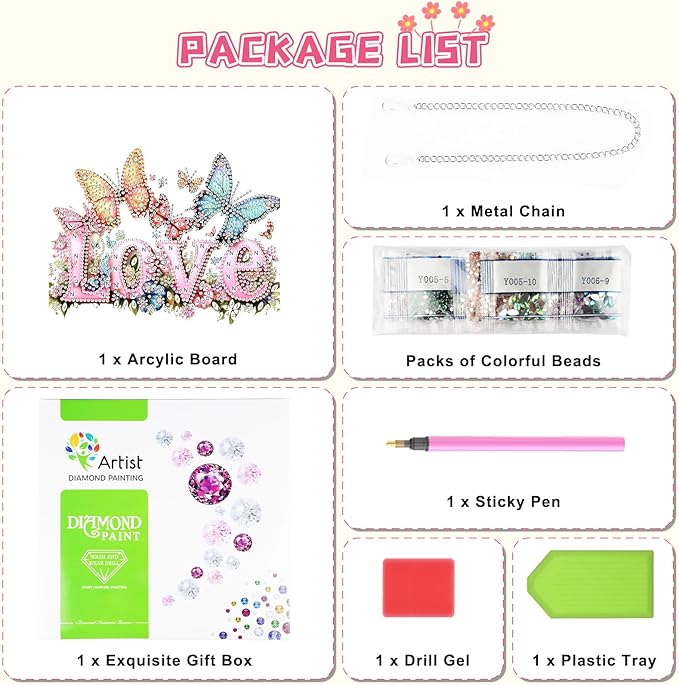 KEYIFA Love Diamond Painting Kit, DIY Butterfly Diamond Art for Adults, Diamonds Pendant Special Shaped Rhinestone Window Hanging Ornaments Home Garden Wall Door Decoration, 20cm Width