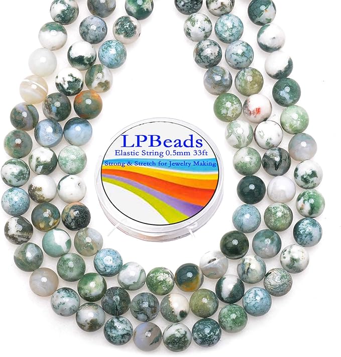 LPBeads 100pcs Polished 8mm Round Natural Tree Agate Gemstone Loose Beads with Stretch Cord for Jewelry Making Bracelets