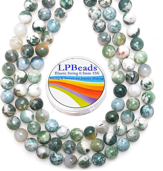 LPBeads 100pcs Polished 8mm Round Natural Tree Agate Gemstone Loose Beads with Stretch Cord for Jewelry Making Bracelets