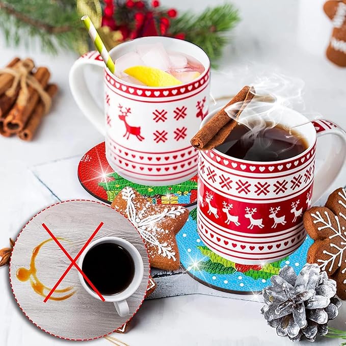 igoodom 8 PCS Christmas Diamond Art Coasters Kit, Diamond Painting Coasters with Holder, Non Slip Coaster Art Supplies for Adults, Christmas Gift