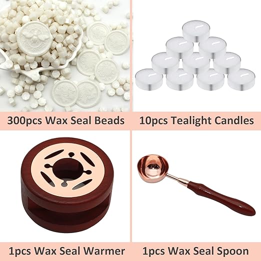 Wax Seal Beads Kit - 300pcs Pearl White Sealing Wax Beads with Wood Melting Warmer, Spoon & 10 Mini Candles for Stamp Seals, Wedding Invitation, Envelope, Cards, Gift Wrapping Decorations