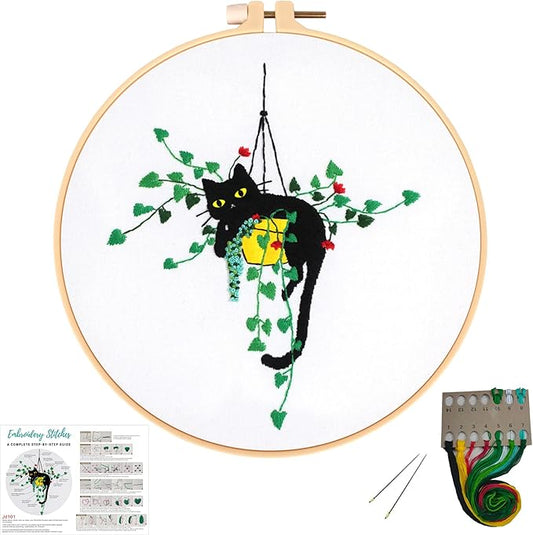 Louise Maelys Embroidery kit for Beginners,Cat Stamped Pattern Cross Stitch Kits for Adult Including Cloth,Hoop,Color Threads,Needles and Instruction