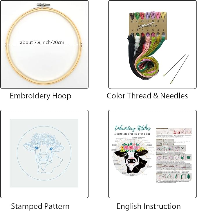 Louise Maelys Cow Beginners Embroidery Kits,Cross Stitch Starter kit for Adults with Embroidery Cloth Hoop Needles Instruction and Threads