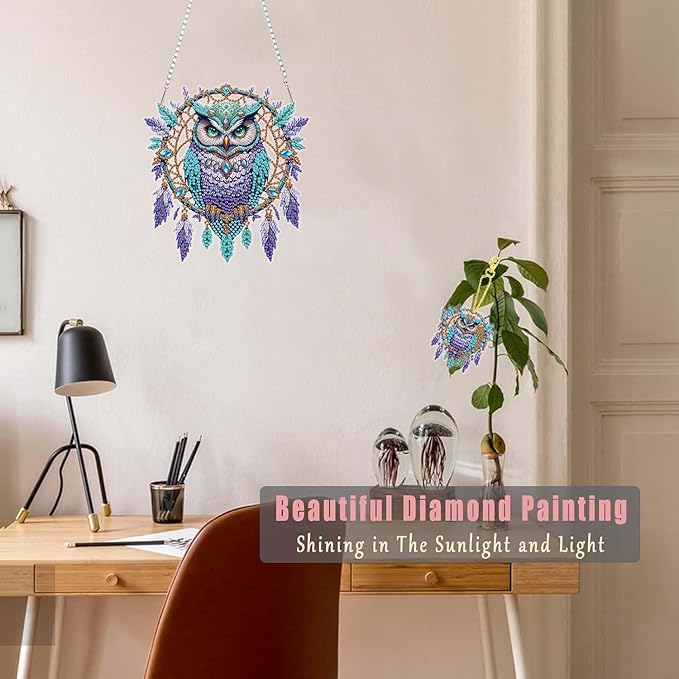 Masendp Owl Diamond Painting Hanging Decoration Kit, DIY Special-Shaped Rhinestone Window Hanging Kit, Suitable for Home and Garden Wall Decoration Gifts