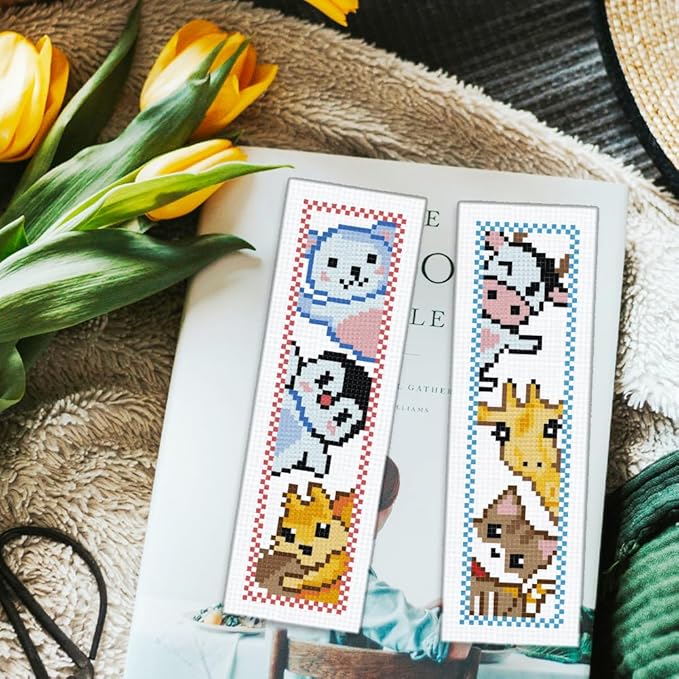 ORIGACH 6 Set Animals Cross Stitch Bookmark Kit for Beginner with Backing Felt Floss Instructions DIY Stamped Embroidery Bookmark Kit for Adults, Book Lovers