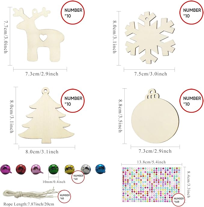 Hidreas 40 Pcs Wooden Ornaments Unfinished Christmas DIY Ornaments Craft Kit, Christmas Wood Ornaments with Bells, Wax Rope and Rhinestone Stickers for Children Arts and Crafts Supplies