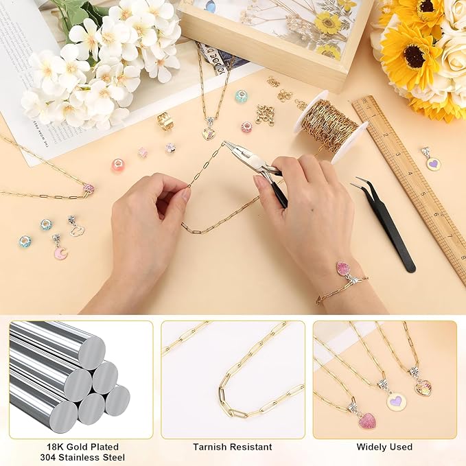 43ft Gold Chain for Jewelry Making 18k Gold Plated Stainless Steel Paperclip Chain Roll for Charm Bracelet Necklace Jewelry DIY Craft Accessories with 10 Pcs Lobster Clasps and 30 Pcs Jump Rings