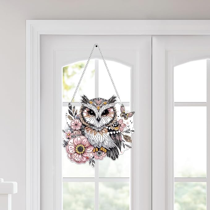 Bowetile Owl Diamond Art Hanging Kits for Adults, 5D Special Shape Diamond Painting Animals Kits, Animal Gem Art Suncatchers Painting Pendant Ornament for Home Garden Wall Decor