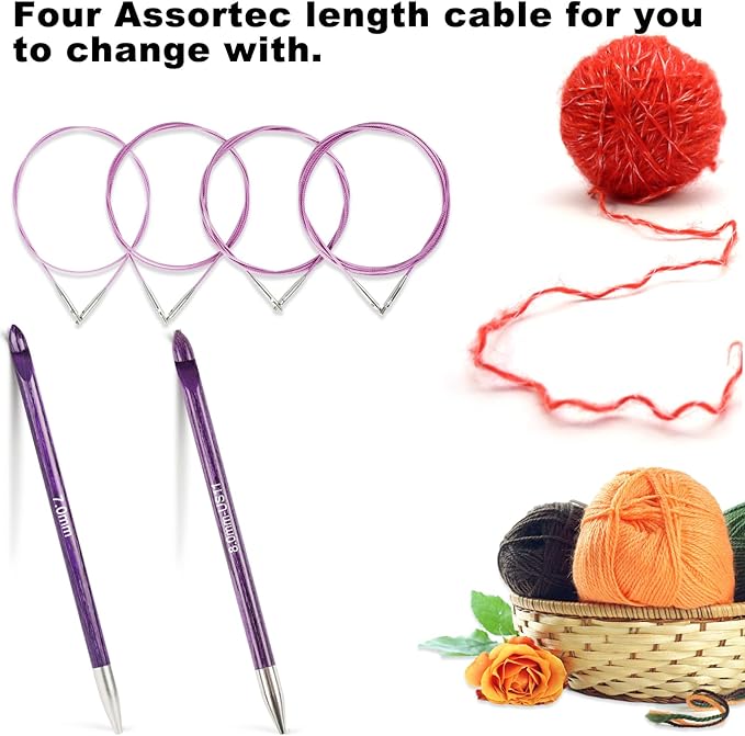 Svartur Tunisian Crochet Hooks Set with Cable, Afghan Crochet Hooks Interchangeable, Size from 3mm-10mm Sandalwood Crochet Knitting Needles for Crocheting, Purple