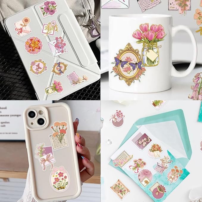 50Pcs Waterproof Vintage Stickers,Scrapbooking Supplies Kit,Aesthetic Decorative Craft Sticker for Planner, Bullet Journaling, Junk Journal, Water Bottles, Laptop, Retro Craft.Flowers