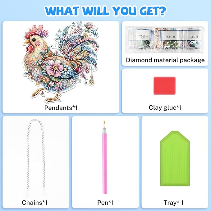 Bowetile Hanging Diamond Art Chicken Kits for Adults, 5D Special Shape Diamond Painting Rooster Pendant Kits, Animal Gem Art Suncatchers Painting Ornament for Home Garden Wall Window Decor
