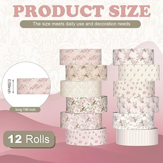 YooNotee 12 Rolls Watercolor Floral Washi Tape Set 15 mm Vintage Flower Decorative Masking Tape for Spring Arts DIY Craft Scrapbook Journal Supplies Gift Wrapping(Dusty Pink,Rose)