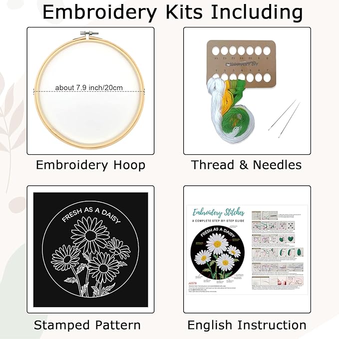 Nuberlic Daisy Embroidery Kits for Beginners, DIY Cross Stitch Starter Kit for Adults Including Cloth with Pattern, Hoop, Needles Instruction and Threads