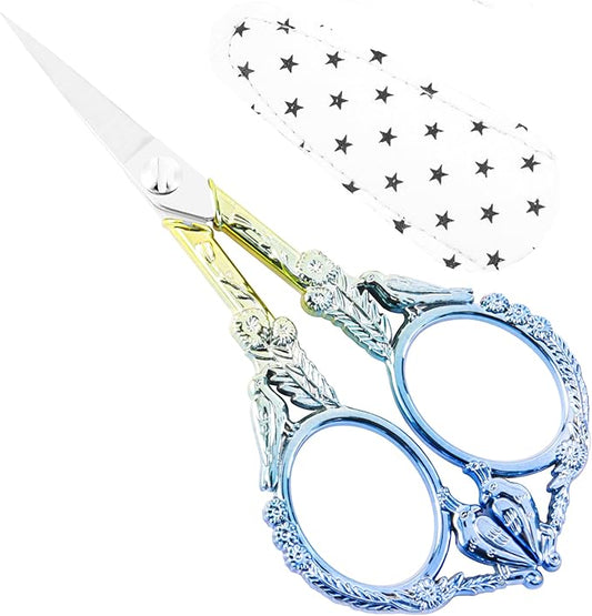 Crochet Scissors with Cover – Blue Gold Vintage Small Embroidery Scissors, Sharp Craft Scissors for Yarn Thread Sewing Needlework, Cute Bird Design Gift for Crocheter Quilter, 4.5 Inch