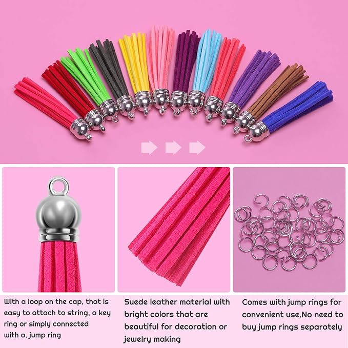 Paxcoo Tassels for Jewelry Making, 50pcs Leather Tassel Keychain Charms Bulk with 50pcs Jump Rings for Jewelry Making, Bracelets, Acrylic Key Chain Blanks and Craft Supplies