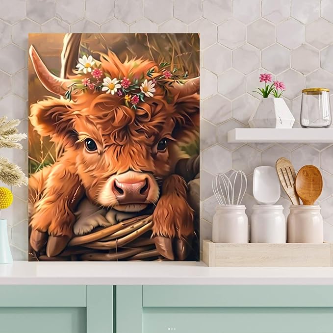Highland Cow Diamond Painting Kits for Adults Beginners - Cow Diamond Art Kits for Adults, Full Drill DIY 5D Diamond Painting Cows Baby Gem Art Crafts Kits for Home Wall Decor 12x16 in