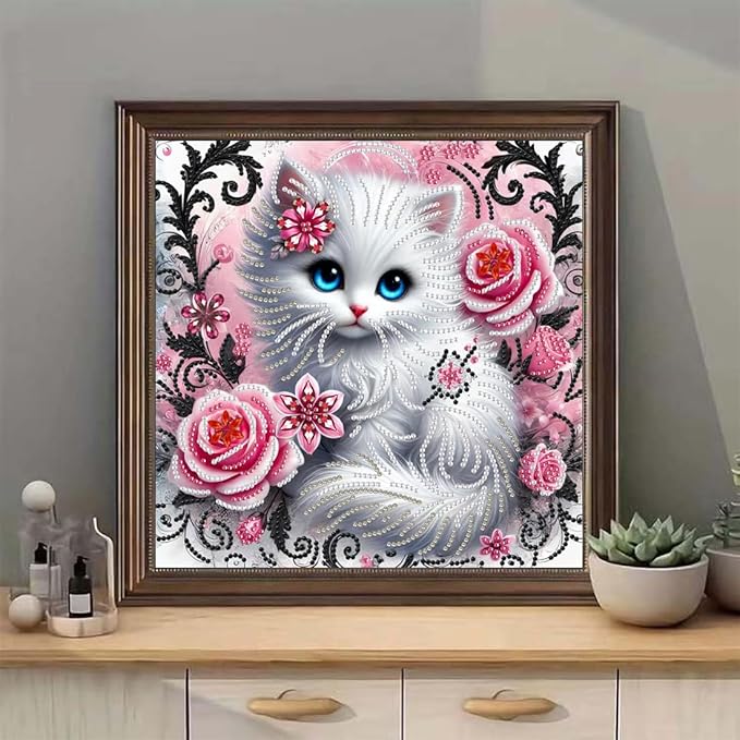 SHICERNHJ Animal Cat 5D Diamond Painting Kits for Adults,Flower Cat Diamond Art Kits for Special Shape,DIY Partial Drill Crystal Rhinestone Painting kit for Home Wall Decor 12 X 12Inch
