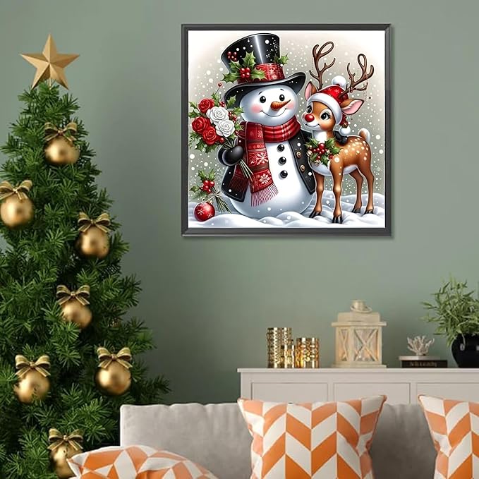 Christmas Snowman Deer Diamond Art Kits for Adult, Xmas 5D Diamond Painting Kits for Beginners, DIY Full Drill Winter Holiday Rhinestone Diamond Dots Gem Painting Art Craft Home Decor 14 x14 Inch