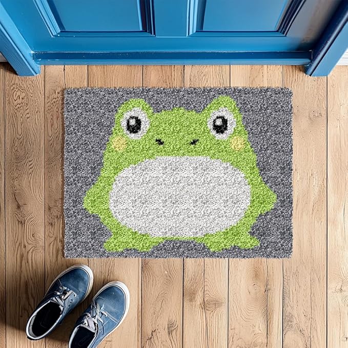 ORIGACH Frog Latch Hook Rug Kit for Adults DIY Needlework Cover Printed Rug Making Kit Handmade Carpet Tapestry with Hook Latch and Preprinted Canvas, Home Arts Crafts Sofa Decor, 20.5x15inch