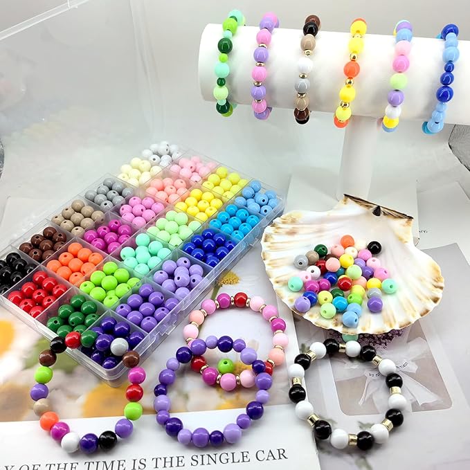 408Pcs 10mm Acrylic Round Beads for Jewelry Making, 24 Colors Rainbow Round Beads for Bracelets Making Kit Candy Color Plastic Bubble Gum Beads Pastel Loose Beads Bulk for DIY Necklace Crafts (10mm)