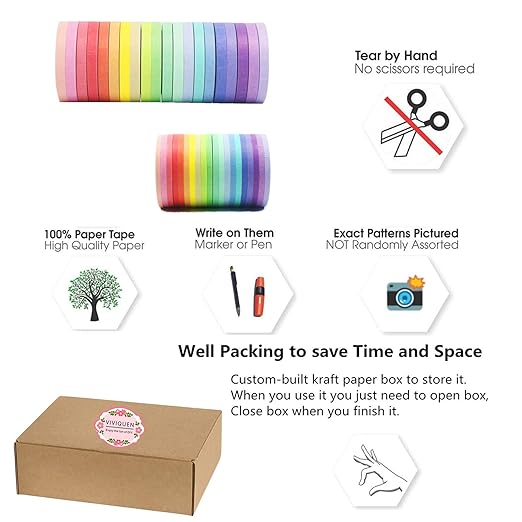 VIVIQUEN Washi Tape Set 40 Rolls Masking Tape Pack Colorful Decorative Thin Tapes Fit DIY Scrapbooking Crafts Gift Wrapping Tapes(5MM and 3MM Wide)