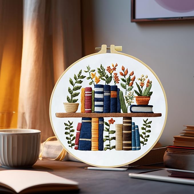 JOZYSH Beginners Stamped Books and Flowers Pattern Embroidery Kit Cross Stitch Kit Embroidery Starter Kit with Instructions, Embroidery Hoops for Home Ofiice Decor