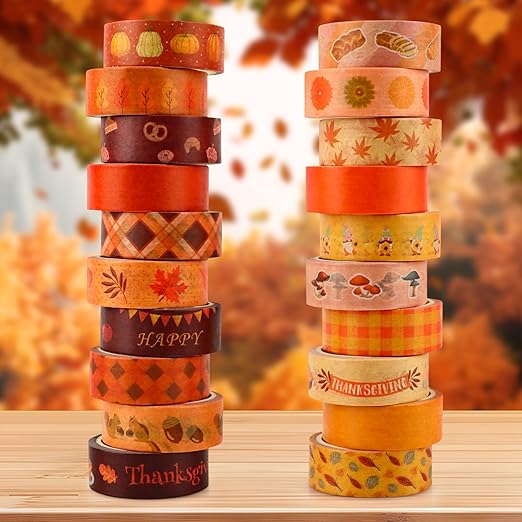 Fall Washi Tape Set 20 Rolls Autumn Washi Tape Autumn Thanksgiving Pumpkin Fall Leaves Decorative Tape for Seasonal Kids DIY Art Crafts Notebook Scrapbooking & Stamping Supplies