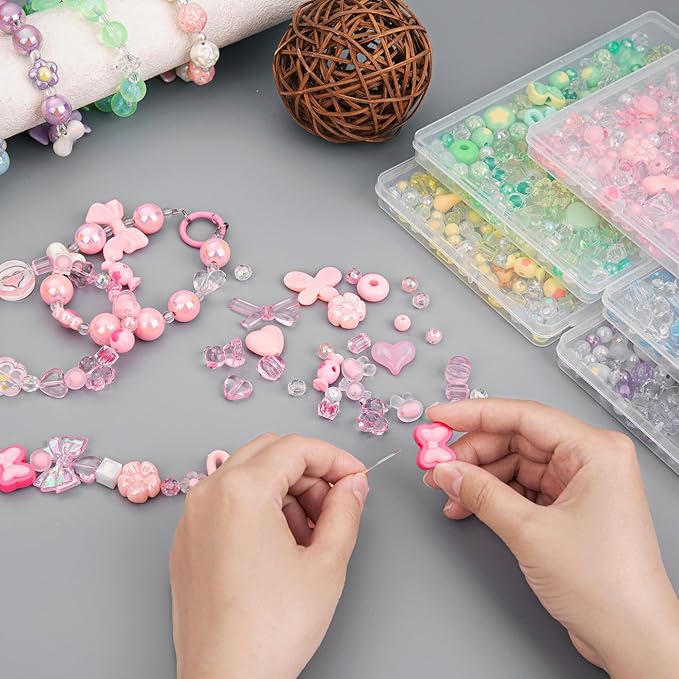 LAIDANLA Acrylic Pink Beads for Bracelets, Aesthetic Cute Pink Beads for Jewelry Making DIY Necklace Keychain Phone Charm Assorted Random Mixed Kawaii Bead Charms 160g