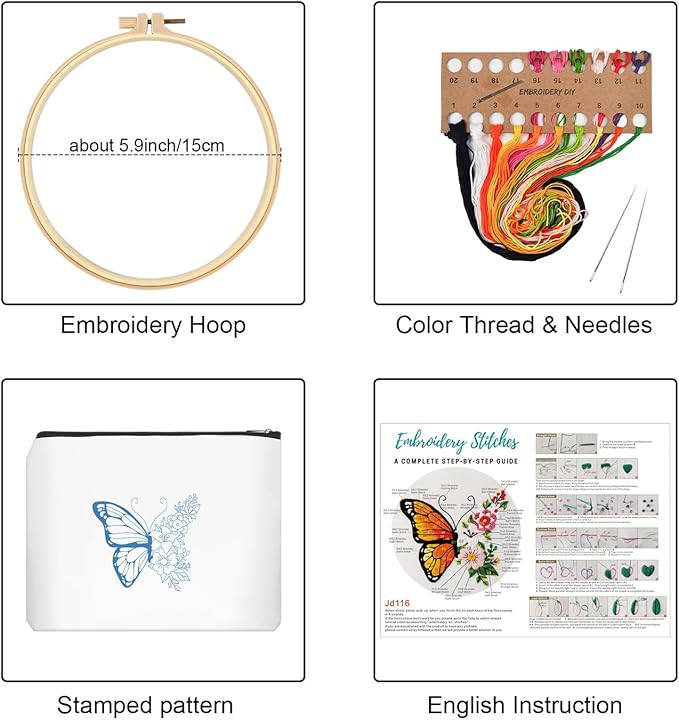 Louise Maelys Embroidery Kit Canvas Makeup Bag for Beginners,Cross Stitch Kits for Adults,DIY Needlepoint-Butterfly and Floral Pattern