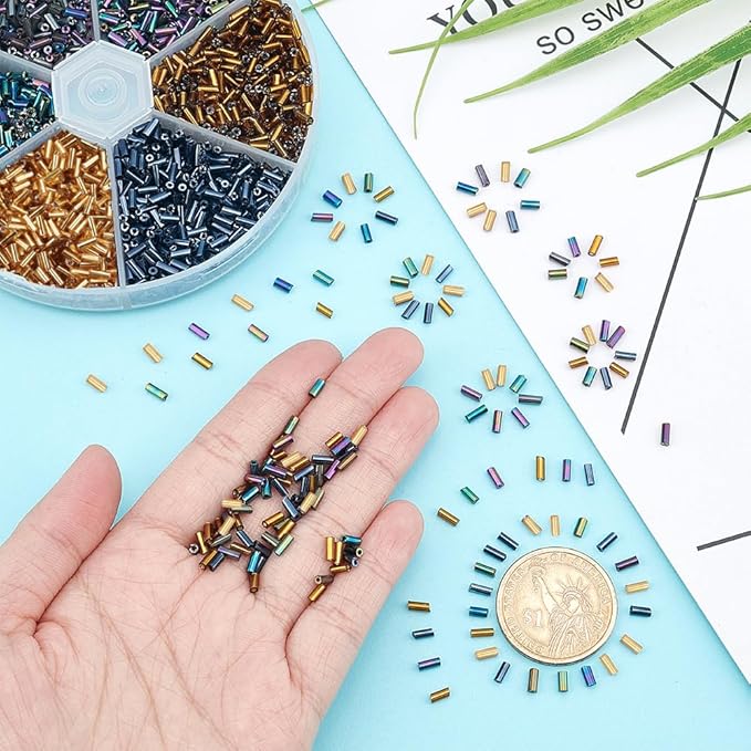 PH PandaHall 2760pcs Glass Bugle Beads 6 Colors Glass Tube Beads 4mm Tube Spacer Beads Czech Bugle Beads for Bracelet Necklace Jewelry Making Embroidery DIY Crafts, 1mm Hole