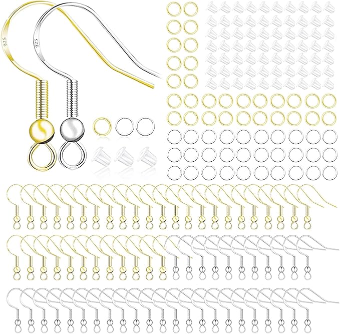 hypoallergenic earring hooks 800 pcs/125 pairs, silver plated fish hooks,500pcs earring making kit with jump rings and clear silicone earring backs stoppers for diy jewelry making