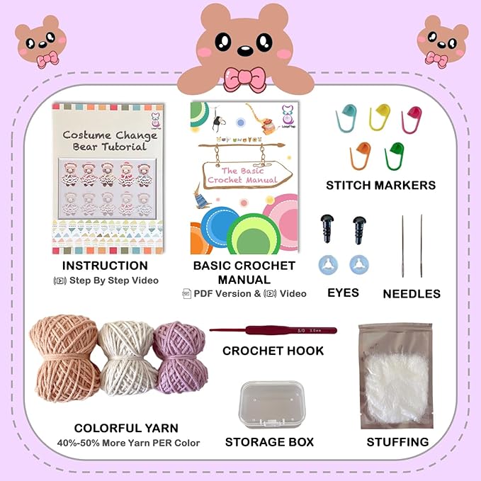 LoopMap Amigurumi Crochet Kit for Beginners with Removable Dress & Video Tutorials, DIY Bear Making Kit Includes Premium Yarn & Tools, Creative Gift for Adults Teens (Purple)