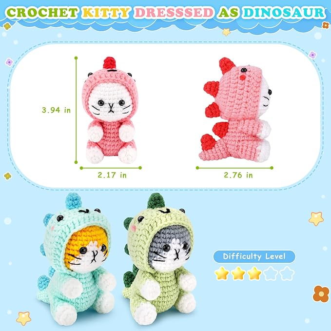Crochet Kit for Beginners - 3 PCS Dinosaur Cat Crochet Kits with Step-by-Step Video Tutorials, Beginner Crochet Kit for Adults, Crochet Animal Kit for Starters, Cat Dressed as Dinosaur Crochet Set