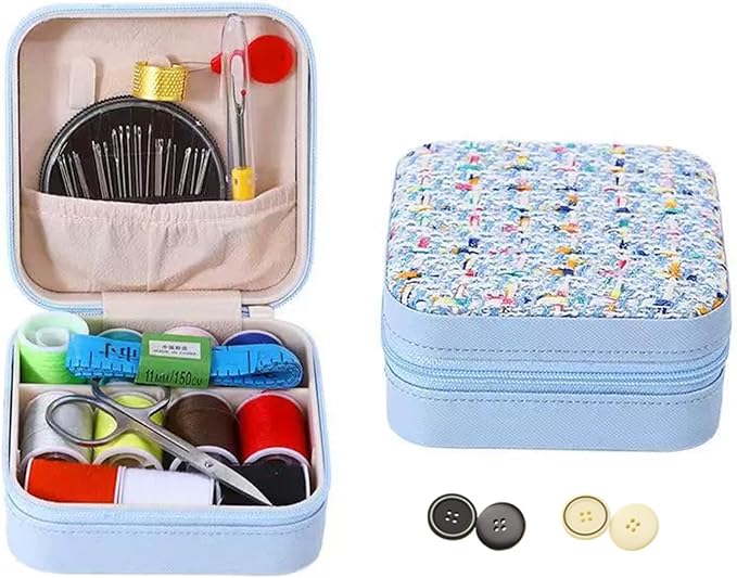 Mini Sewing Kit in Stylish Leather Case – Complete Set with Scissors,Needles,Thread & More, Fashion Box for Store Jewelry– Perfect for Beginners & Travel (Blue)