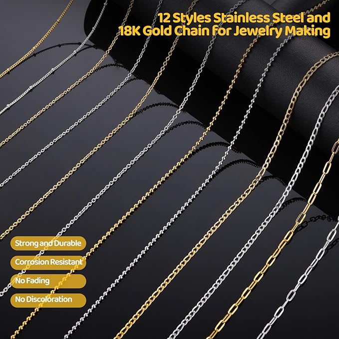 Zefy 18K Gold Silver Chain for Jewelry Making Kit, 39.6ft 12 Rolls Stainless Steel Chains Bulk with 380 Pcs Charms, Jump Rings Lobster Clasps Set for DIY Bracelet Necklace Crafts