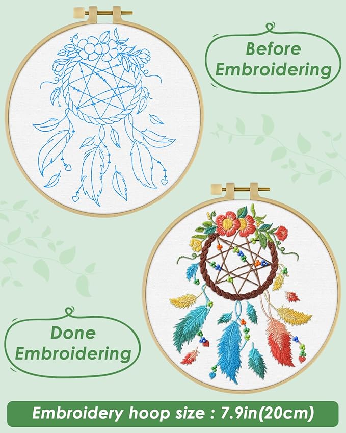 ERKOON Embroidery Kit for Beginners, Flower Cross Stitch Set for Include Embroidery Cloth Hoops Threads for Craft Lover Hand Stitch with Embroidery Skill Techniques (Dreamcatcher)