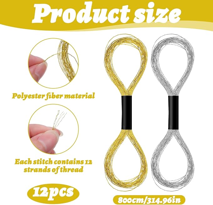12 Skeins Metallic Embroidery Thread, Embroidery Floss Metallic Thread Glitter Threads String Cross-Stitch Threads for Sewing Making Yarn Hand Accessories(Gold+Silver)