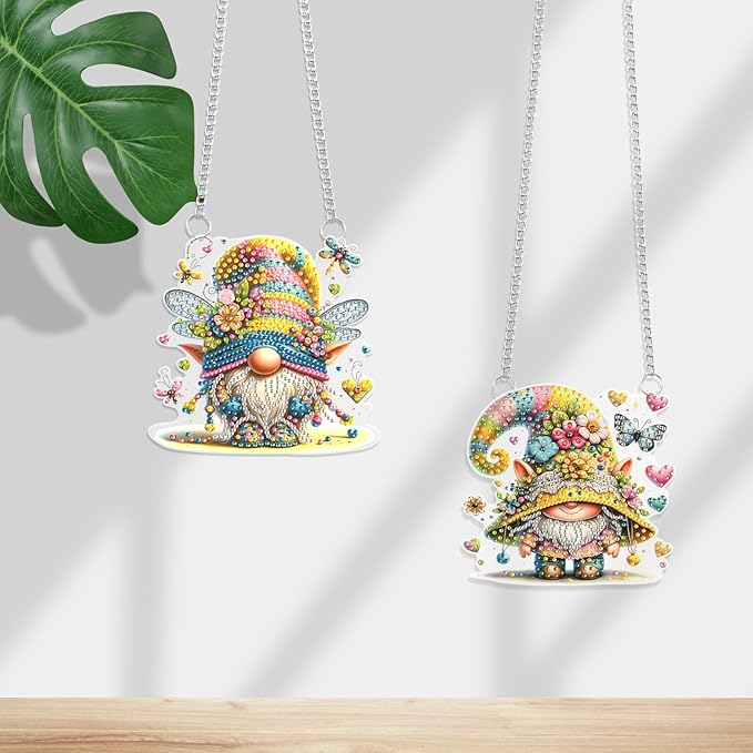 JISHSHAY Diamond Painting Pendant Gnome Wind Chimes Special Shaped Art Suncatchers Keychain Hanging Kit - 2 PCS