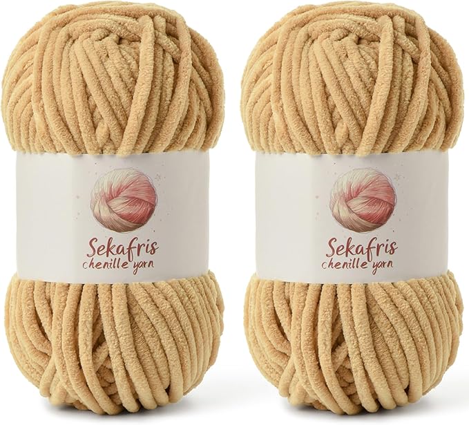 2 Pack Chunky Chenille Yarn for Crocheting, Baby Yarn for Crocheting Soft Blanket, 174.9 yds /7 oz Crochet Yarn, Bulky 5 Amigurumi Yarns, Fluffy Velvet Yarns for Knitting Crafts (2 Khaki)
