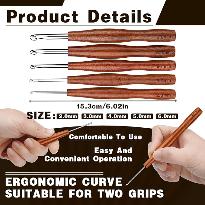 Nitlak Crochet Hooks Set, 5 Size Aluminum Ergonomic Crochet Hooks with Wooden Handle for Arthritic Hands, Beginners, Crochet Needles for Knitting Gloves, Sweaters, Blankets(2mm/3cm/4cm/5cm/6cm)
