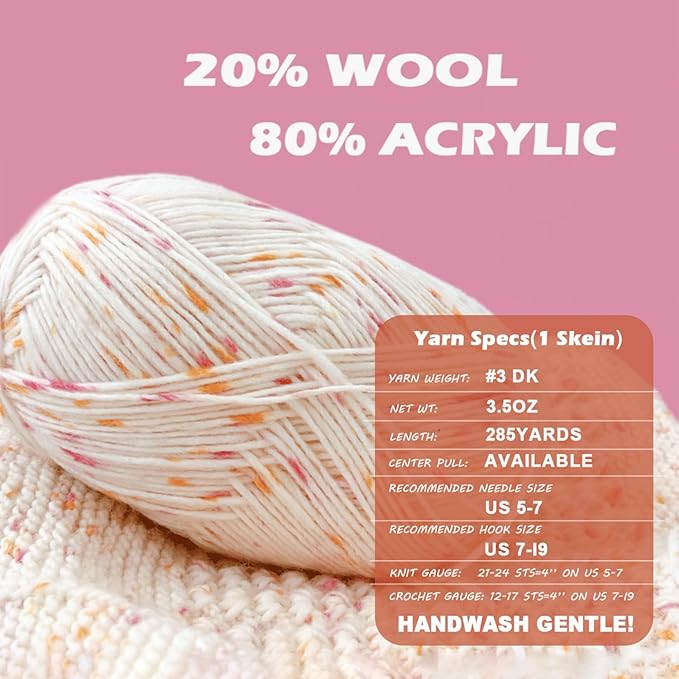 2 Pack Wool Blend Yarn, 2x3.5oz / 285yds, #3 DK, 20% Wool 80% Acrylic, Variegated, Single-Ply Soft Crochet & Knitting Wool Yarn for Sweaters, Scarves, Hats (Smoky Mirage)