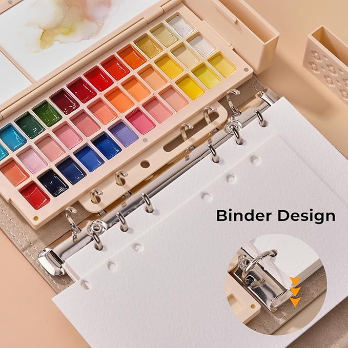 Travel Watercolor Sketchbook Set - 6.7x3.9 in 100% Cotton Cold Press 20 Sheets Binder Art Journal with 36-Well Empty Ceramic Paint Palette & 2 Travel Watercolor Brushes for Artists Outdoor Painting