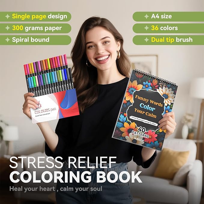 HUECLOR 300GSM Thickness Swear Word Adult Coloring Book for Women Relaxation with 36 Markers and 40 Spiritual Patterns Spiral Bound Calming Color Books No Bleeding for Female Male Teen Stress Relief
