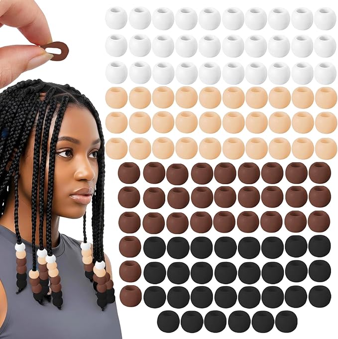 120Pcs 14mm Large Silicone Beads for Hair Braids, Soft Jellyish Hair Beads with 7mm Hole + 50 Rubber Bands and 1 Beader for Braiding, DIY Bracelets Necklaces Crafts(Brown)