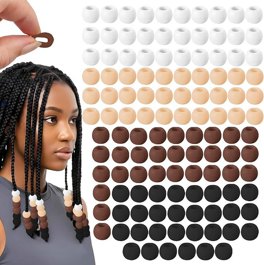 120Pcs 14mm Large Silicone Beads for Hair Braids, Soft Jellyish Hair Beads with 7mm Hole + 50 Rubber Bands and 1 Beader for Braiding, DIY Bracelets Necklaces Crafts(Brown)