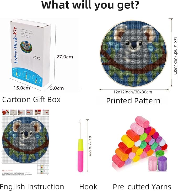 Latch Hook Rug Kit Cute Koala Portrait Easy for Beginners Round Shape Carpet Crochet Yarn Craft Mini Rug DIY Hook and Latch Little Tapestry for Home Decor 30x30cm-3