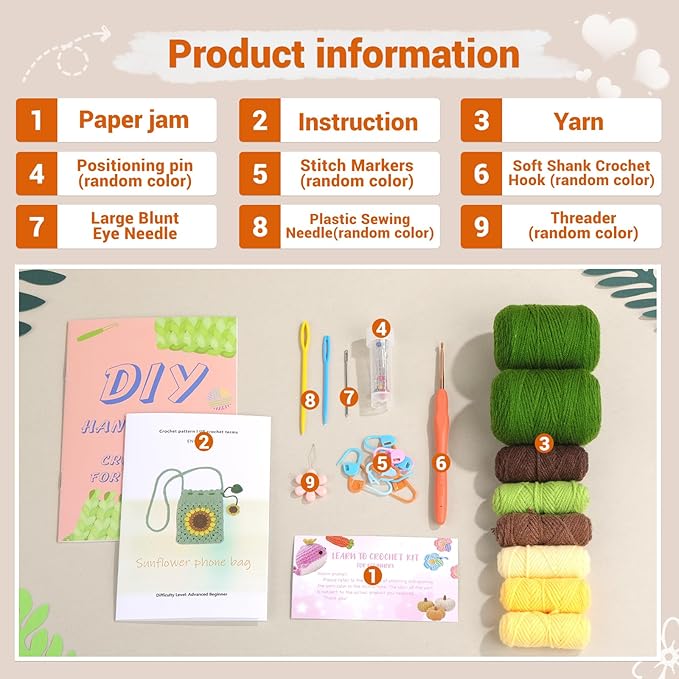 Pnytty Crochet Kit-Bag for Beginners, DIY Crochet Flower Bag Starters Craft Kniting Kits for Adults Include Crochet Yarn Hook Tools Supplies and Easy Step-by-Step Video Tutorials