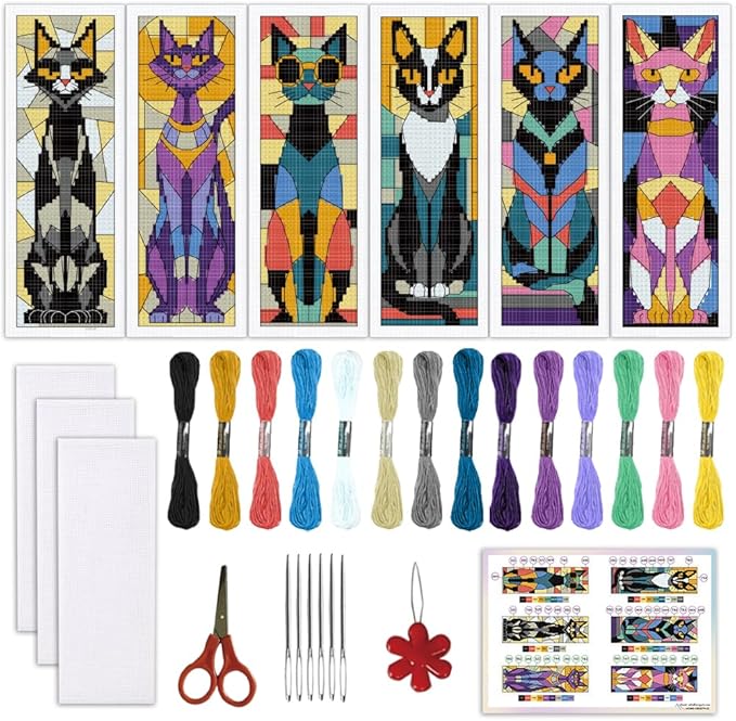 ORIGACH 6 Set Stained Glass Black Cat Cross Stitch Bookmark Kit for Beginner with Backing Felt Floss Instructions DIY Stamped Embroidery Bookmark Kit for Adults, Book Lovers