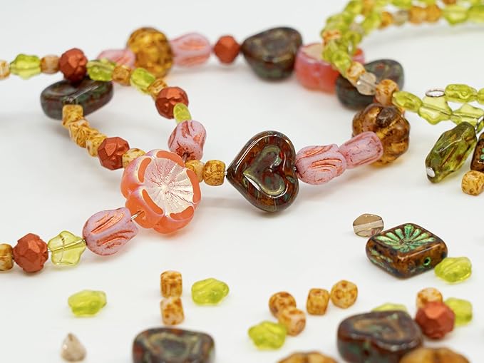 1.4oz (40g) Limited Mix of Czech Glass Beads, Hand Made Set Kit, Green Star Beads Pink Table Cut Hawaii Flower Beads