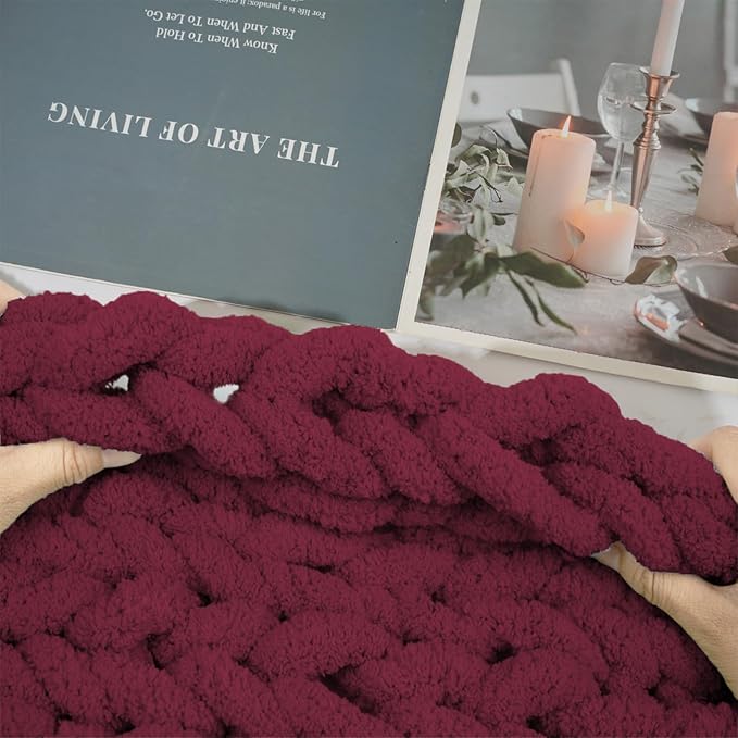 Chunky Yarn for Hand Knitting and Blankets – Super Soft Jumbo Chenille Yarn Pack for Crocheting, Bulky DIY Projects, 8 Skeins(Wine Red)